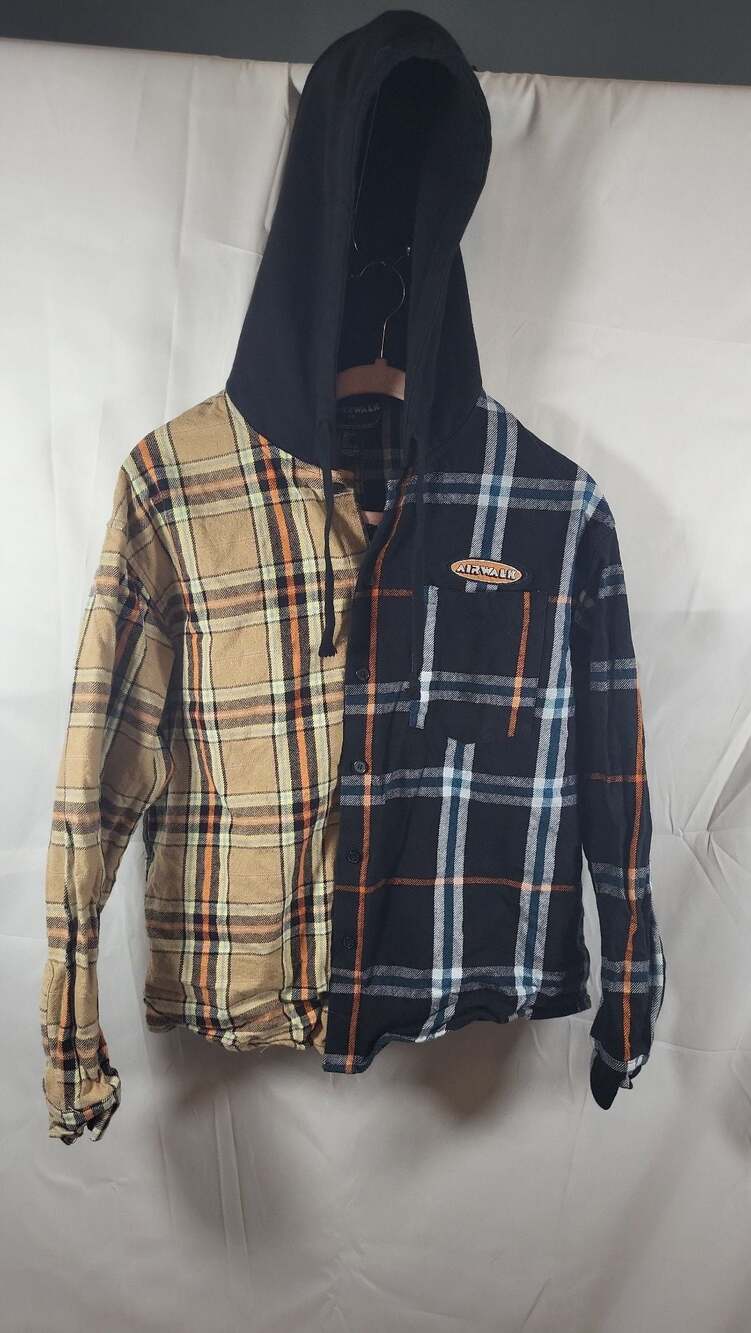 Forever 21 x Airwalk Mismatched Colorblock Plaid Hooded Flannel Shirt, S